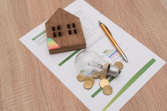 Foto: Glühbirne, Energieskala auf Haus, Münzen